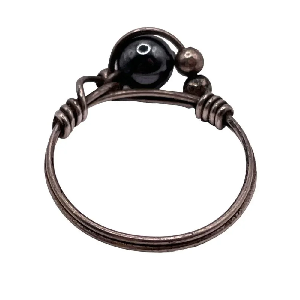 Hematite Sterling Silver Wire Wrapped Ring Size 7.75 Artisan Modernist Brutalist